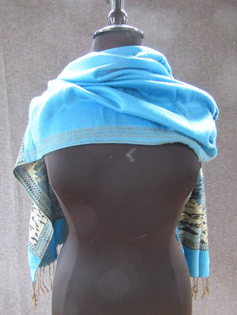 28x68 Pashmina brand deep caribbean blue and black cashmere shoulder wrap drape